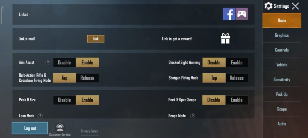 PUBG Mobile customer support in settings