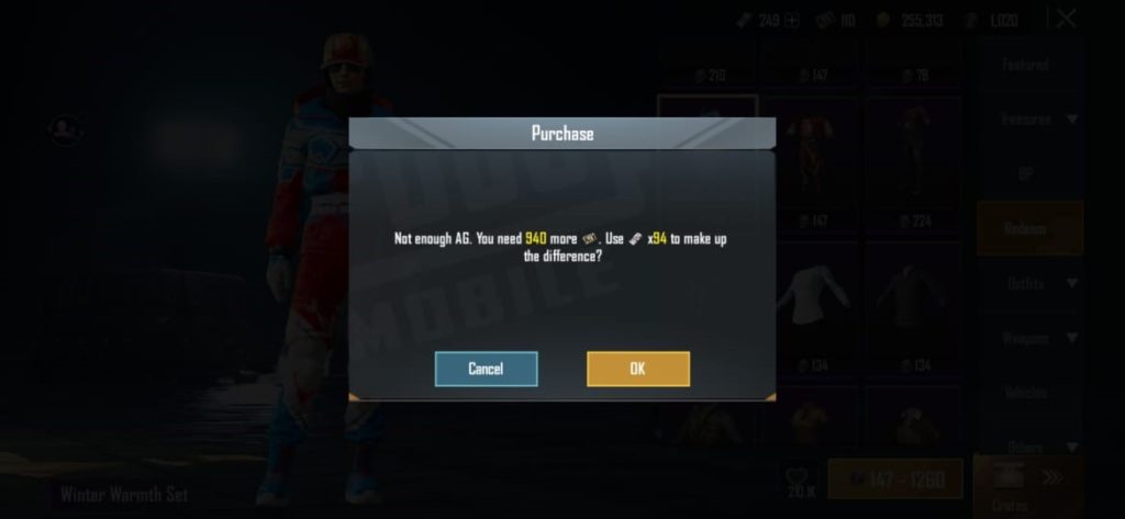 PUBG Mobile AG currency Purchase Item