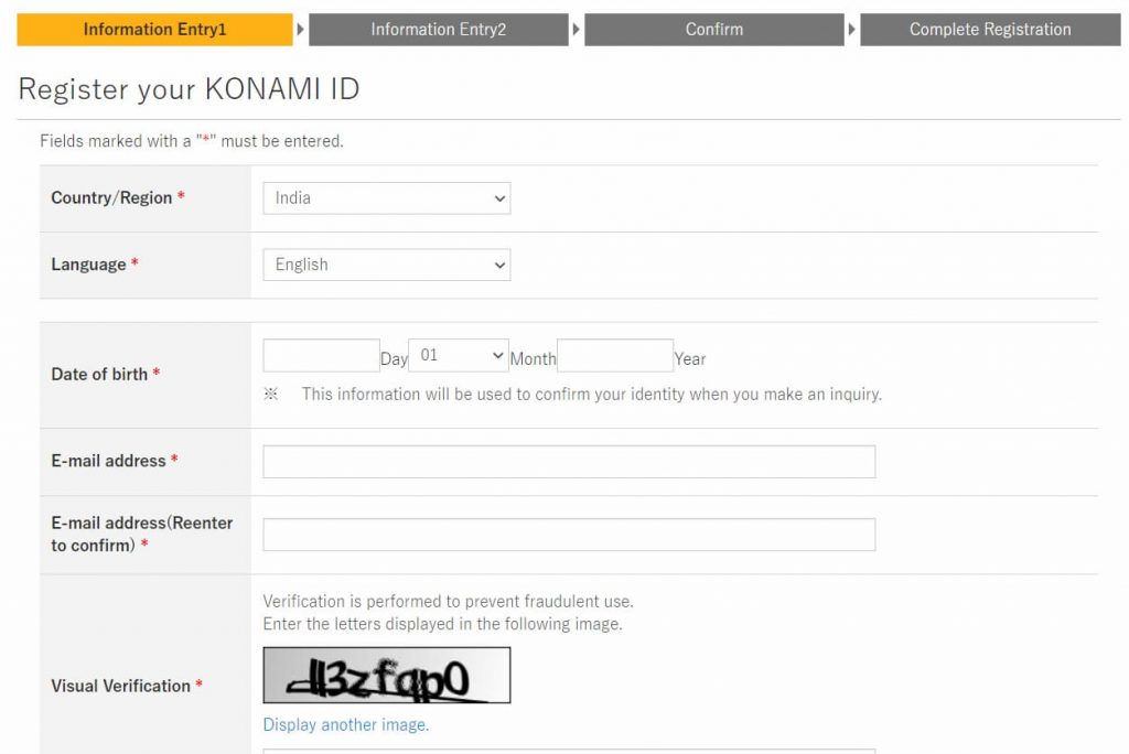 KONAMI ID registration page
