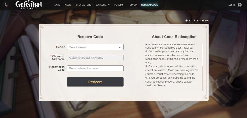 genshin impact redeem code