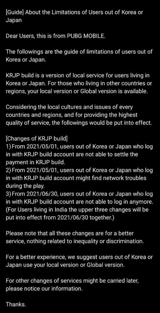 PUBG Kr ban outside Korea