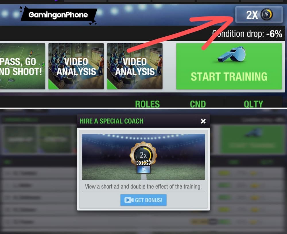 top eleven training and team play bonus