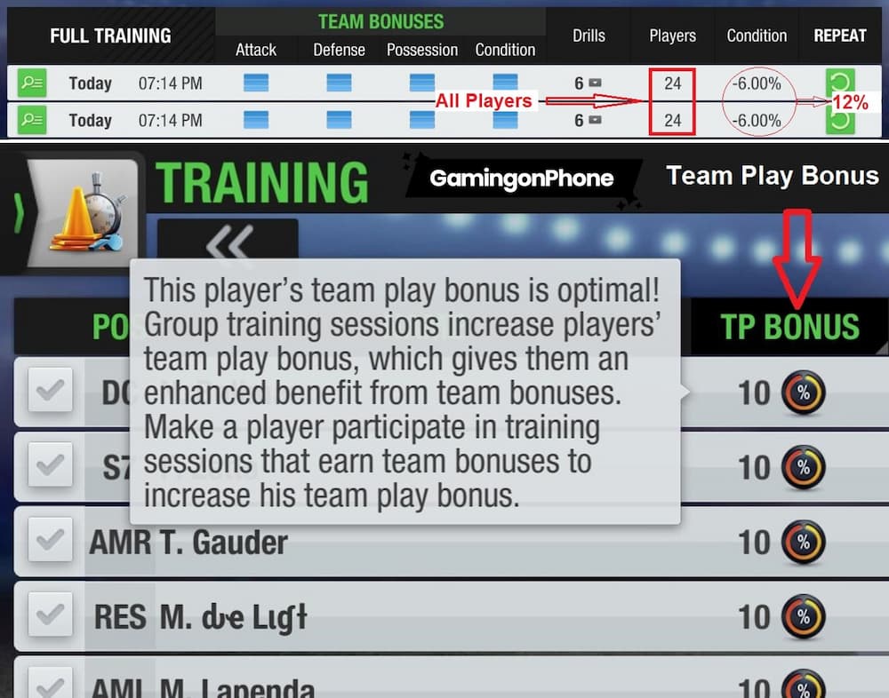 top eleven training and team play bonus