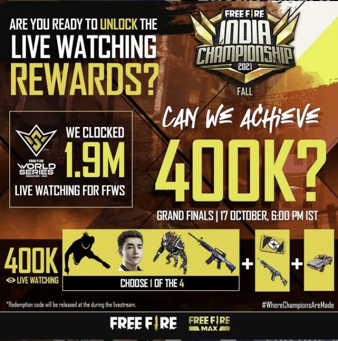 Free Fire India Championship 2021 Fall live rewards