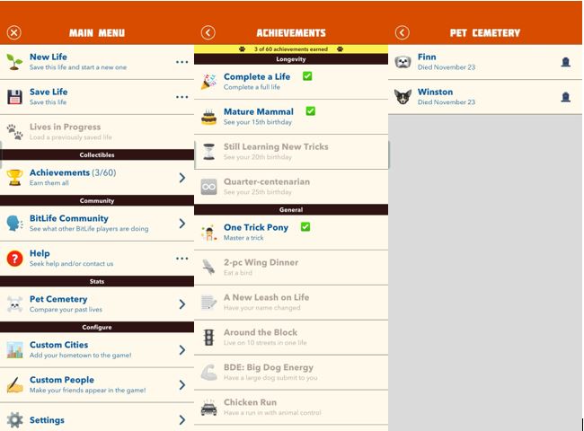  main menu, achievements, pet cemetery DogLife Beginners Guide