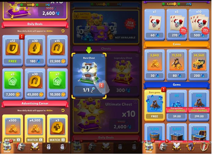 Shop, advertisements, joker cards and free gems