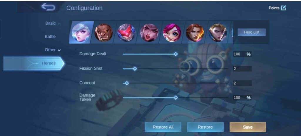 Mobile legends creation mode heroes panel