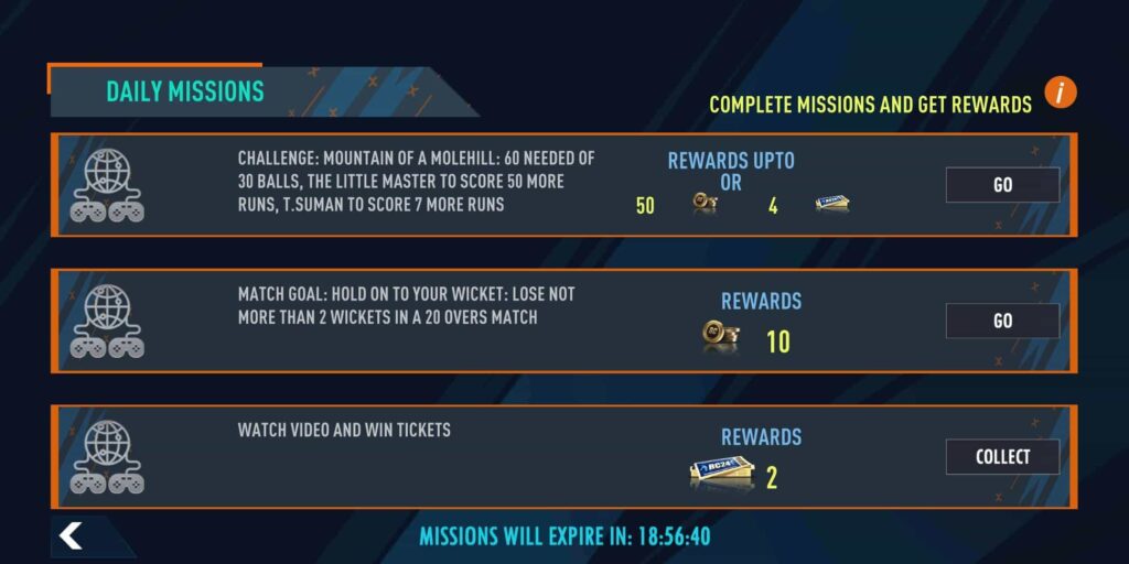 Real Cricket 24 Daily Missions