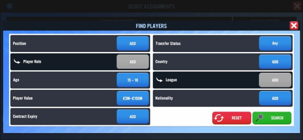 SM23 Scouting Filters Youth players
