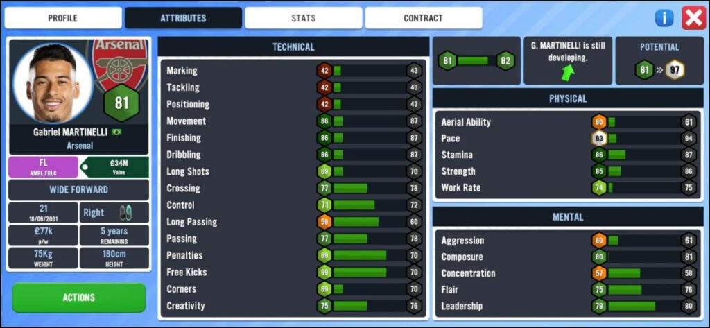 SM23 Best Attackers - Gabriel Martinelli Soccer Manager 2023 best young attackers