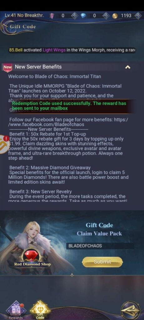 Blade of Chaos Immortal Titan Activation Code