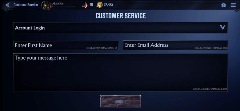 Mortal Kombat Onslaught in game Customer Support Ticket