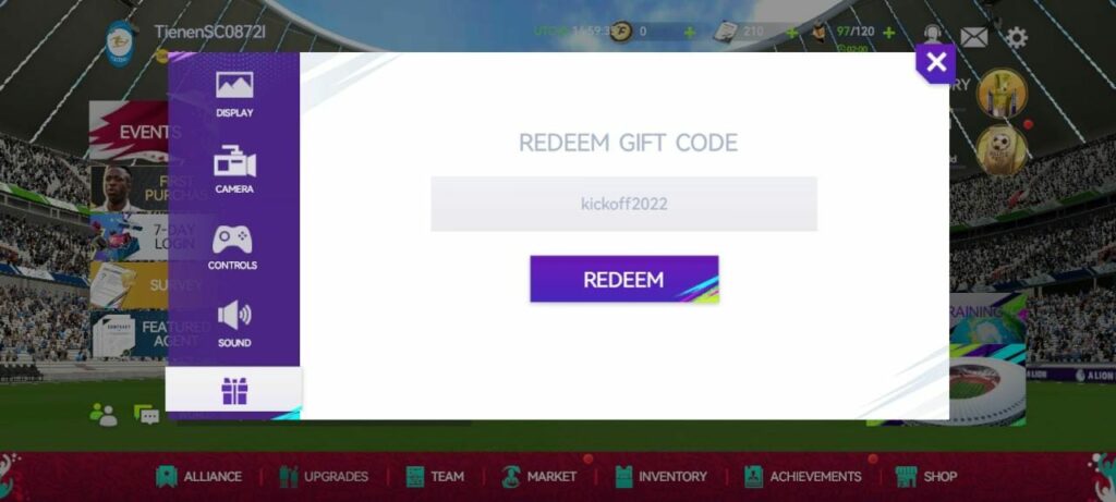 Total Football in game Redeem Code section