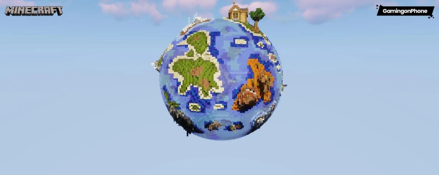 Minecraft whole planet with builds on it and not realistic (builds are  oversized), cartoon style