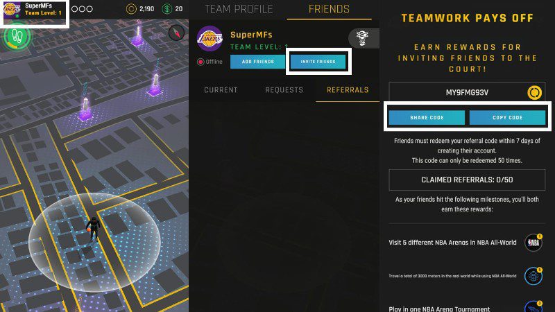 Sharing a referral code in NBA All-World