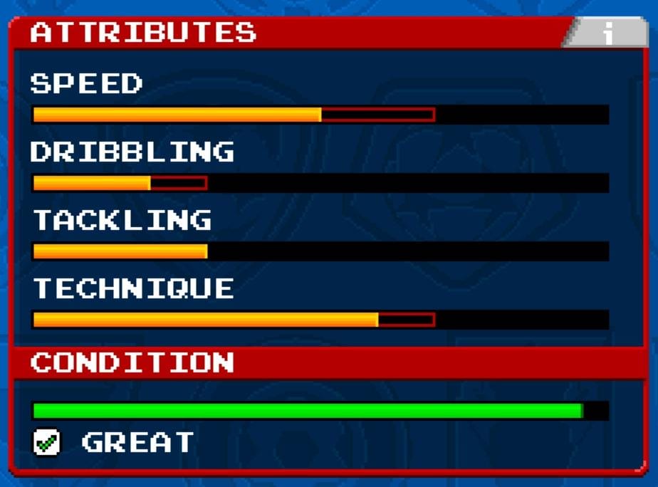 Player attributes in Retro Goal