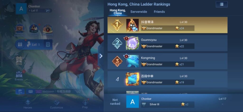 Honor of Kings Country and Server ranking