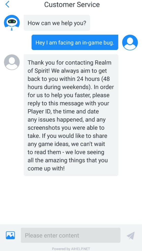 Realm of Spirit in-game Customer Service section