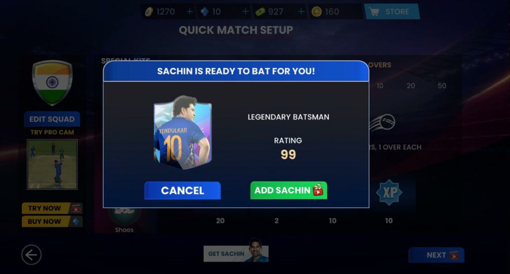 Sachin Saga Pro Cricket Adding Sachin to XI