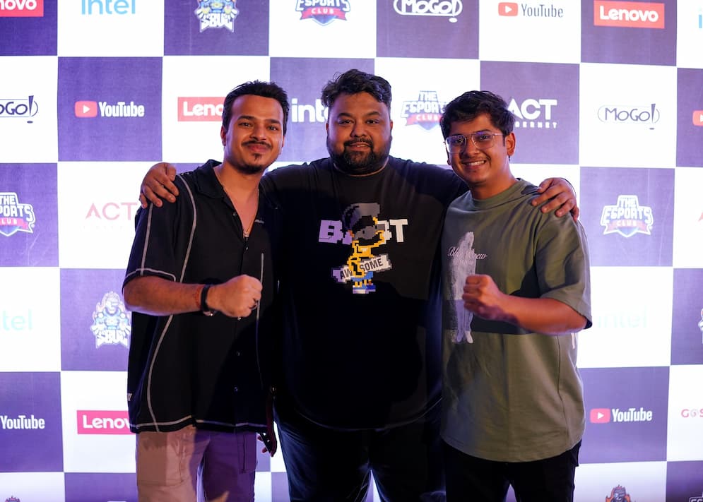 (From L-R) Animesh Agarwal aka 8Bit Thug, Co-Founder & CEO, S8UL Esports, Lokesh Jain aka Goldy, Co-founder & COO, S8UL Esports & Naman 'Mortal' Mathur, Co-owner, S8UL Esports at S8UL Gaming Festival