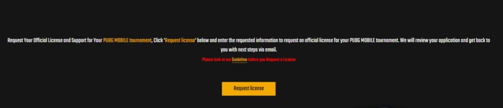 PUBG Mobile Esports Hub Tournament Request License page