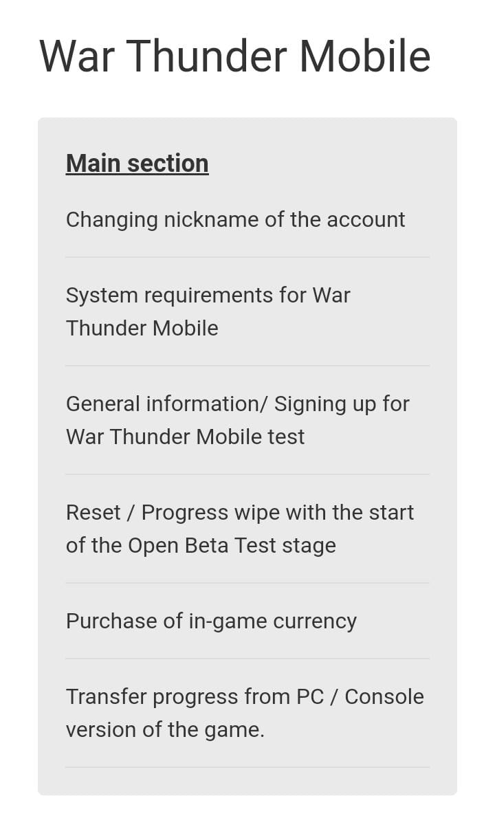 War Thunder Mobile official support webpage