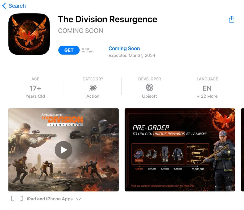 The Division Resurgence iOS Store Page