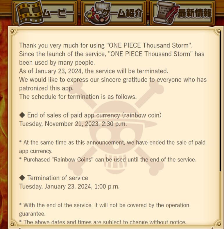 Bandai Namco announced the shutting down of One Piece: Thousand Storm in January 2024 - GamingOnPhone (Picture 1)