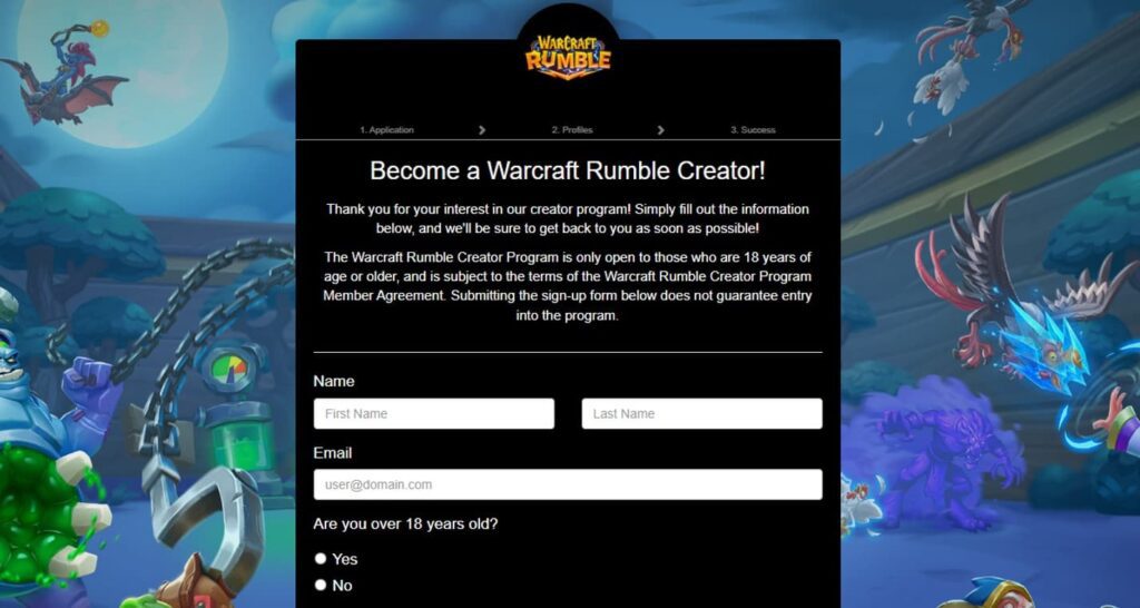 Warcraft Rumble creator program application form
