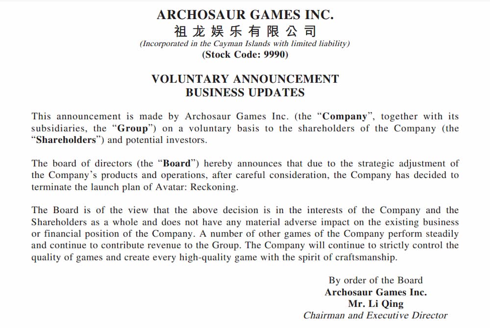 Archosaur Games cancellation official announcement