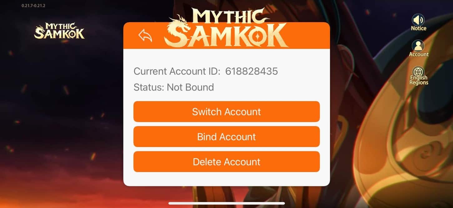 Mythic Samkok bind account