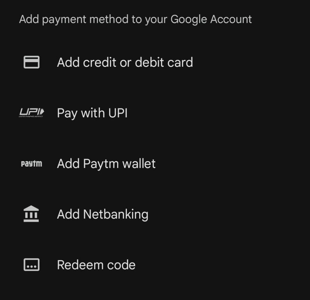 Payment method google play store.