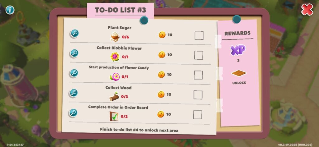 Sweet Farm Cake Baking Tycoon in-game to do list