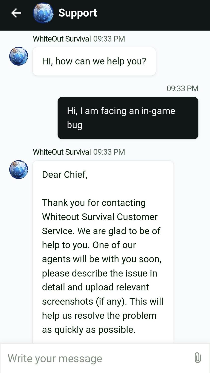 Whiteout Survival in-game Chat Support