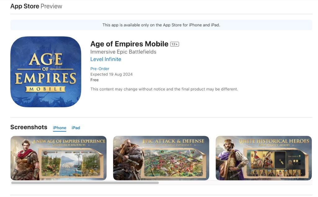Age of Empires app store page