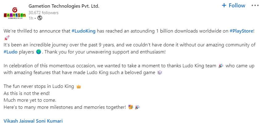 Ludo King reaches one billion downloads in Google Play, LinkedIn post from the developers