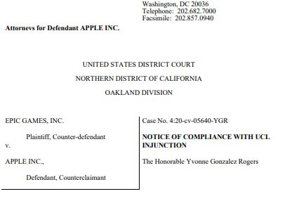 Notice of compliance with UCL injunction in Epic vs Apple