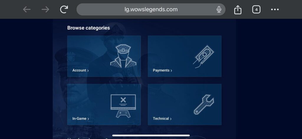 World of Warships Legends Customer support category
