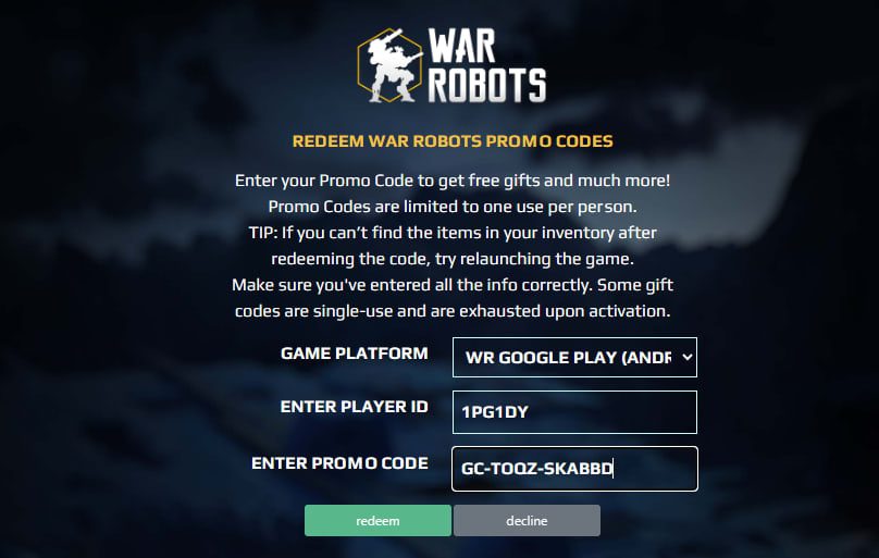 War Robots free promo codes redemption center
