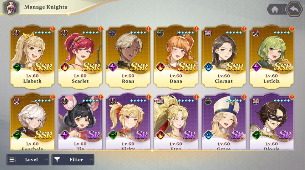 Variety of SSR and SR Knights in Goddess Order