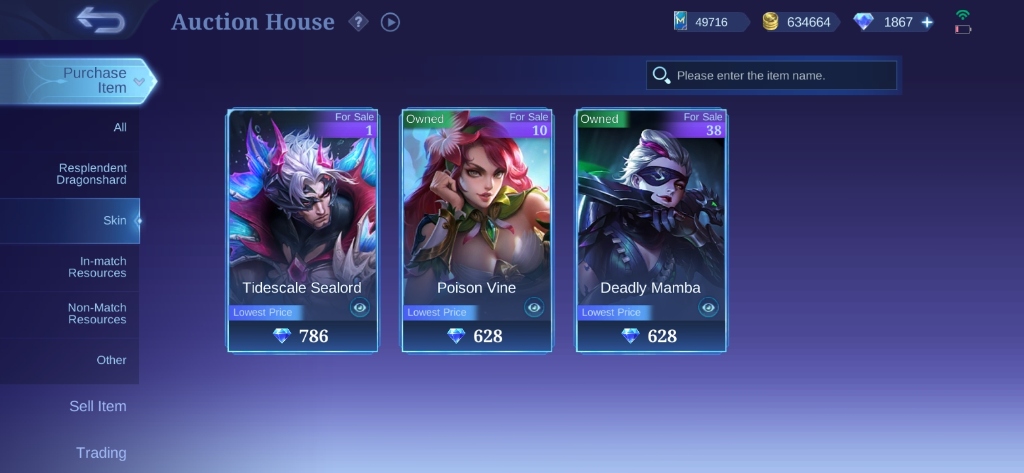 Auction House Purchase Items, MLBB